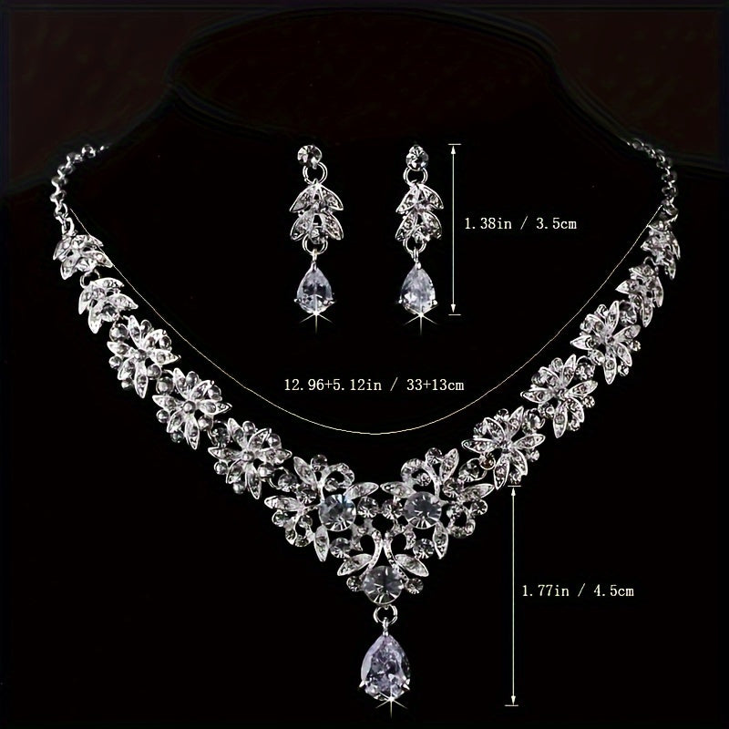 Bridal Jewelry Set 3 Pieces Silver Plated Crown Necklace & Earrings for Bride – Wedding Tiara Jewelry Set for Bridesmaid Prom Queen Birthday Banquet, June Birthstone Gift for Women