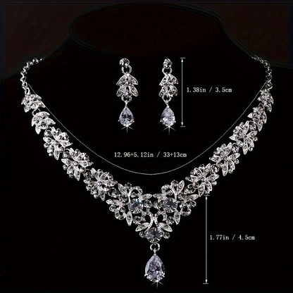 Bridal Jewelry Set 3 Pieces Silver Plated Crown Necklace & Earrings for Bride – Wedding Tiara Jewelry Set for Bridesmaid Prom Queen Birthday Banquet, June Birthstone Gift for Women