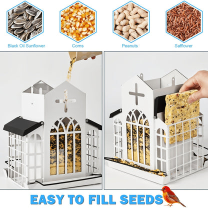 Vintage Metal Wild Bird Feeder for Outside – Triple Feeders for Finch, Cardinal & Chickadee, Large Capacity Metal Mesh Design with Easy-Hang Chains & Window Cut-Outs, 7 Style Options