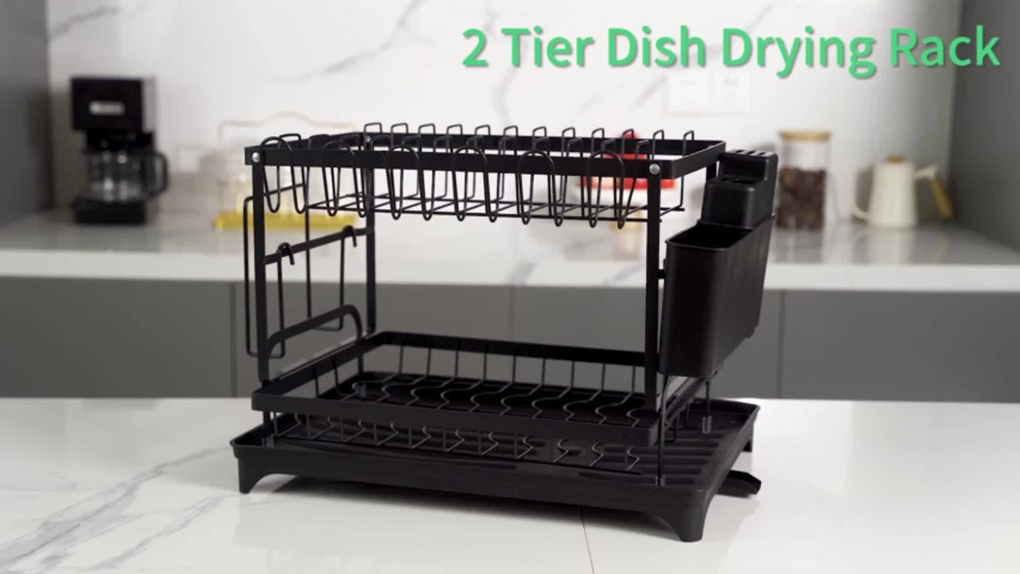 2-Tier Dish Drying Rack with Drainboard for Kitchen Counter – Large Capacity Metal Dish Drainer with Drain Tray, Organizer for Plates, Cups & Utensils, Available in Black, White & Gray