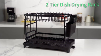 2-Tier Dish Drying Rack with Drainboard for Kitchen Counter – Large Capacity Metal Dish Drainer with Drain Tray, Organizer for Plates, Cups & Utensils, Available in Black, White & Gray