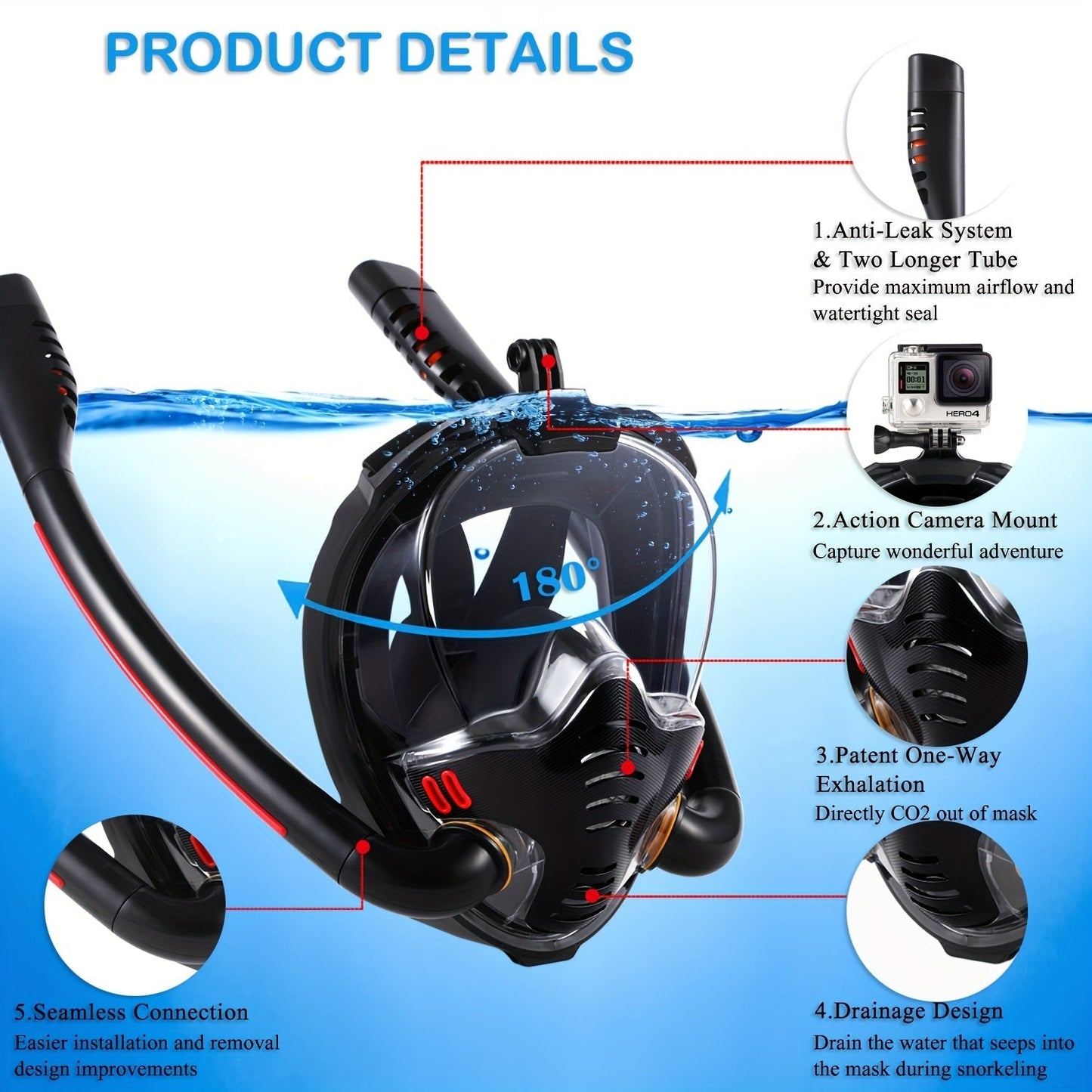Full Face Snorkel Mask – 180° Panoramic HD View with Dry Top Anti-Leak System, Breathable Design for Adults Men & Women, Scuba Snorkeling Freediving Mask