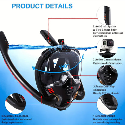 Full Face Snorkel Mask – 180° Panoramic HD View with Dry Top Anti-Leak System, Breathable Design for Adults Men & Women, Scuba Snorkeling Freediving Mask