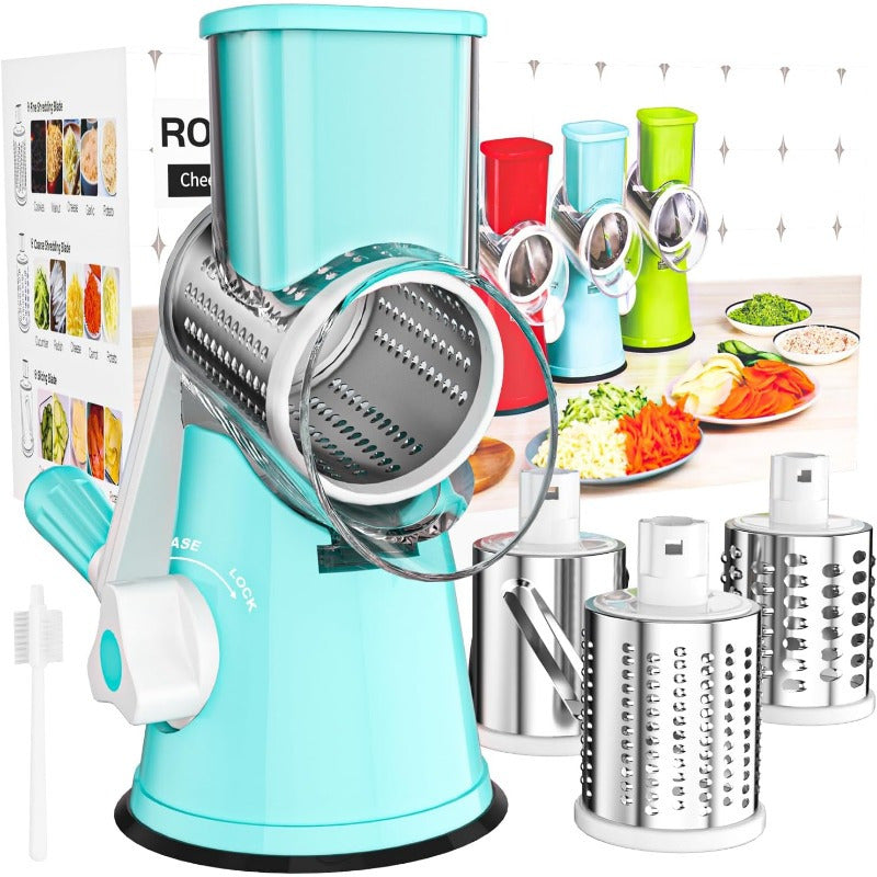 Rotary Cheese Grater Hand Crank Shredder with 3 Interchangeable Blades - Non-Slip Suction Base, Free Cleaning Brush, for Fresh Cheese, Vegetables & Nuts, Kitchen Tool Gift