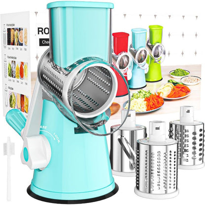 Rotary Cheese Grater Hand Crank Shredder with 3 Interchangeable Blades - Non-Slip Suction Base, Free Cleaning Brush, for Fresh Cheese, Vegetables & Nuts, Kitchen Tool Gift