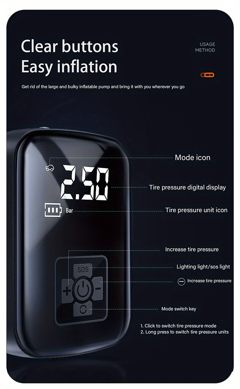 Portable Tire Inflator 100W Cordless Air Pump 4000mAh Battery 30-Second Inflation 5 Modes Digital PSI Display Type-C Charging LED Light Multi-Nozzle for Car Motorcycle Bicycle Ball