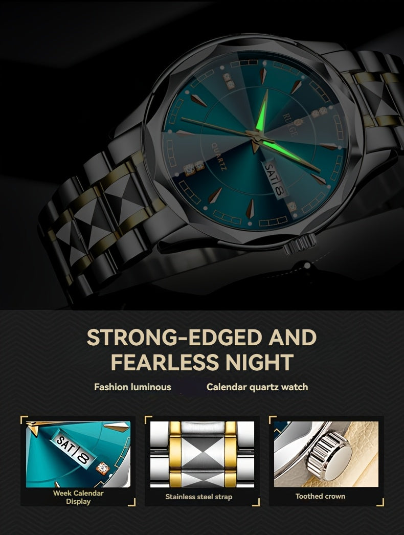RUIGE Men's Fashion Quartz Watch – Night Light, Dual Calendar, Diamond Shaped Mirror Dial, Stainless Steel Case, Alloy Strap, Business Casual Wristwatch, Perfect Father's Day Gift for Men