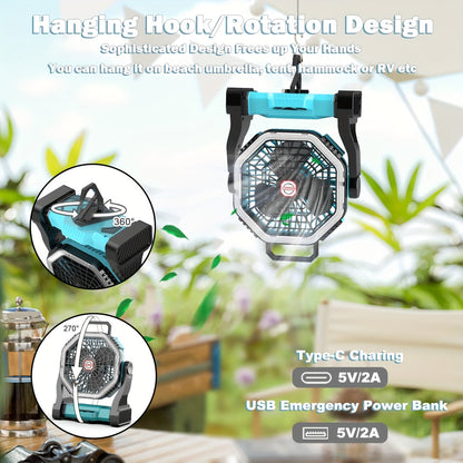 Rechargeable Portable Camping Fan with LED Light & Hanging Rope - 4-Speed USB Battery Powered Tent Fan for Outdoor Travel Indoor Home