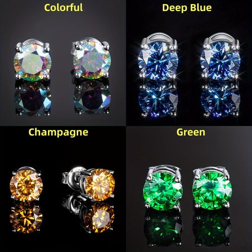 4 Pairs VVS1 Moissanite Stud Earrings Set in S925 Sterling Silver – Round Cut Colorful CZ Studs in Champagne, Olive, Red, Pink, Green & Blue for Men & Women, Party & Daily Wear