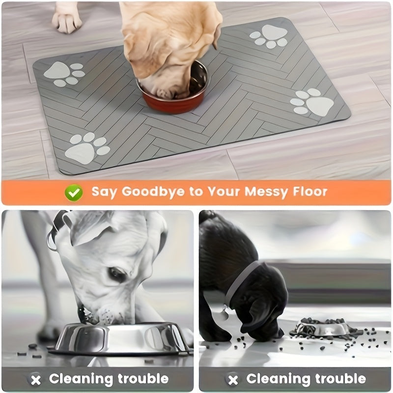 Pet Feeding Mat Anti-Slip Paw Print – Waterproof Quick-Dry Dog & Cat Bowl Pad with Bone-Shaped Intervals, Stain-Resistant, Easy-Clean Pet Placemat in Brown & White