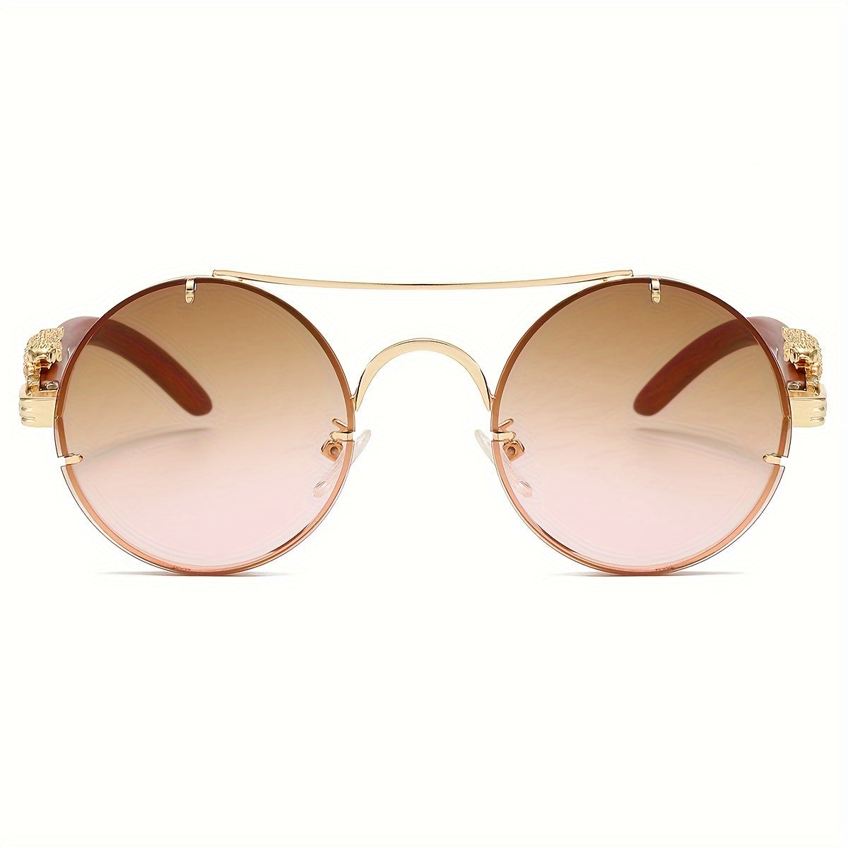 Round Metal Frame Gradient Sunglasses for Men & Women – Luxury Double Bridge, Leopard Detail Hinges, Gradient PC Lenses, Includes Case, Chic Vacation & Street Style Eyewear