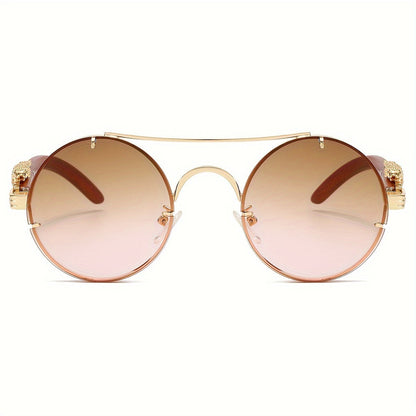 Round Metal Frame Gradient Sunglasses for Men & Women – Luxury Double Bridge, Leopard Detail Hinges, Gradient PC Lenses, Includes Case, Chic Vacation & Street Style Eyewear