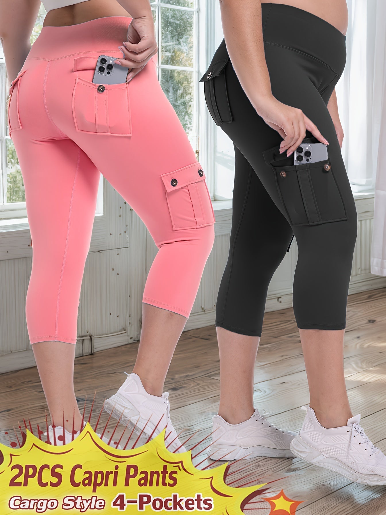 High Waist Yoga Capri Pants 2-Pack – Butt Lifting Tummy Control 4-Way Stretch Spandex Leggings with 4 Pockets, Three-Quarter Athletic Activewear for Women, 9 Color Sets, Sizes S-XXL