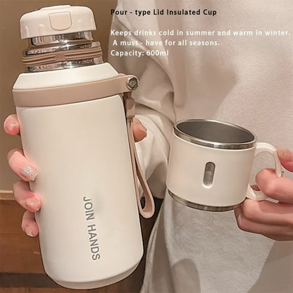 600ml Stainless Steel Tumbler Double Wall Vacuum Insulated Leak-Proof Lid with Handle Cleaning Brush Included Hot Cold Drinks Travel Office Gym Outdoor Water Bottle 20oz