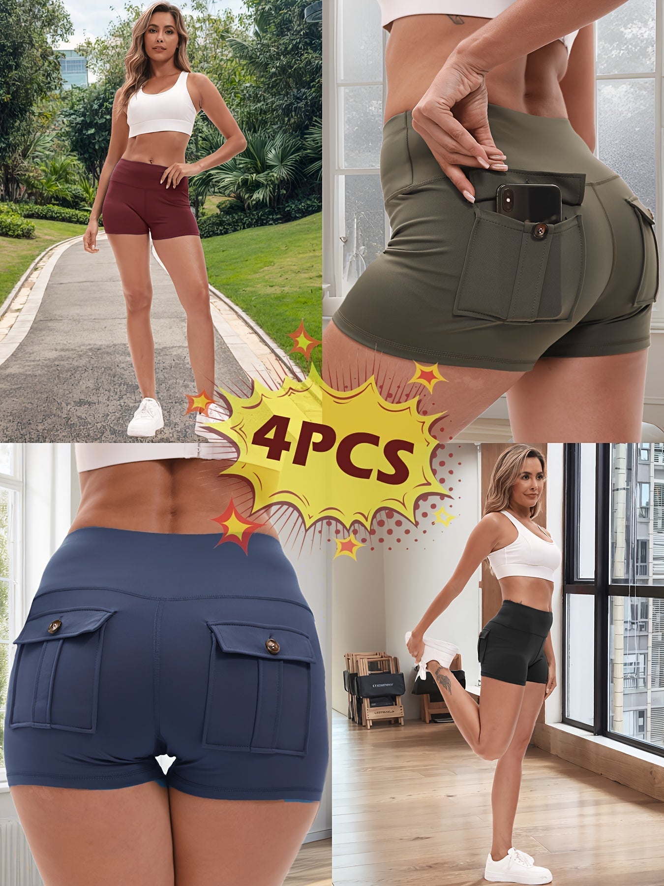4-Piece Women's High-Stretch Yoga Shorts Set – Hip Lifting Quick-Dry Fitness Shorts with Elastic Waist & 2 Pockets, Solid Color Athletic Short Pants for Gym Running Pilates, S-XXL