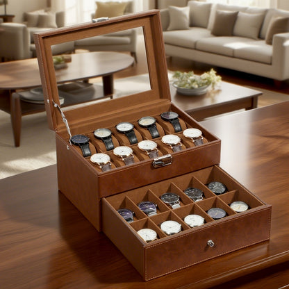 20 Slot Watch Box Organizer Double Layer with Solid Glass Cover Velvet Pillow Lining Watch Display Case for Collection and Storage Men Women Watch Collector Gift in Brown Black and Gray