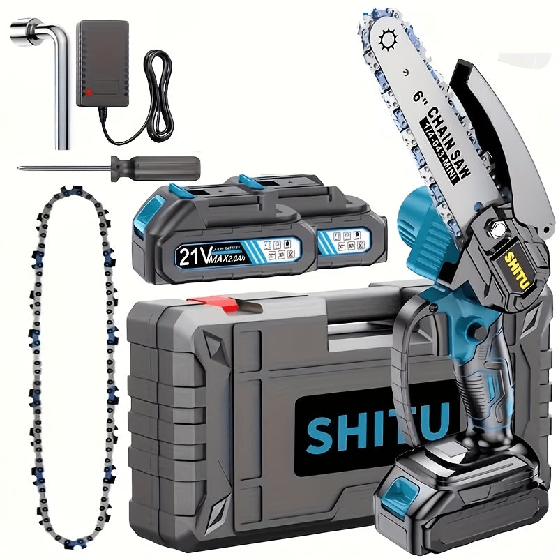 Mini Cordless Chainsaw Portable Handheld Electric Tree Cutter Splash Guard Security Lock Rechargeable for Garden Yard