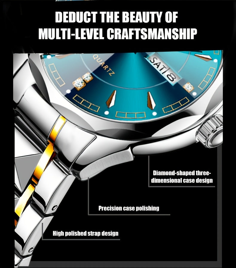 Men's Luxury Quartz Chronograph Watch – Luminous Blue Dial, Stainless Steel Case & Strap, Calendar Date Display, Elegant Business Dress Watch Gift for Him