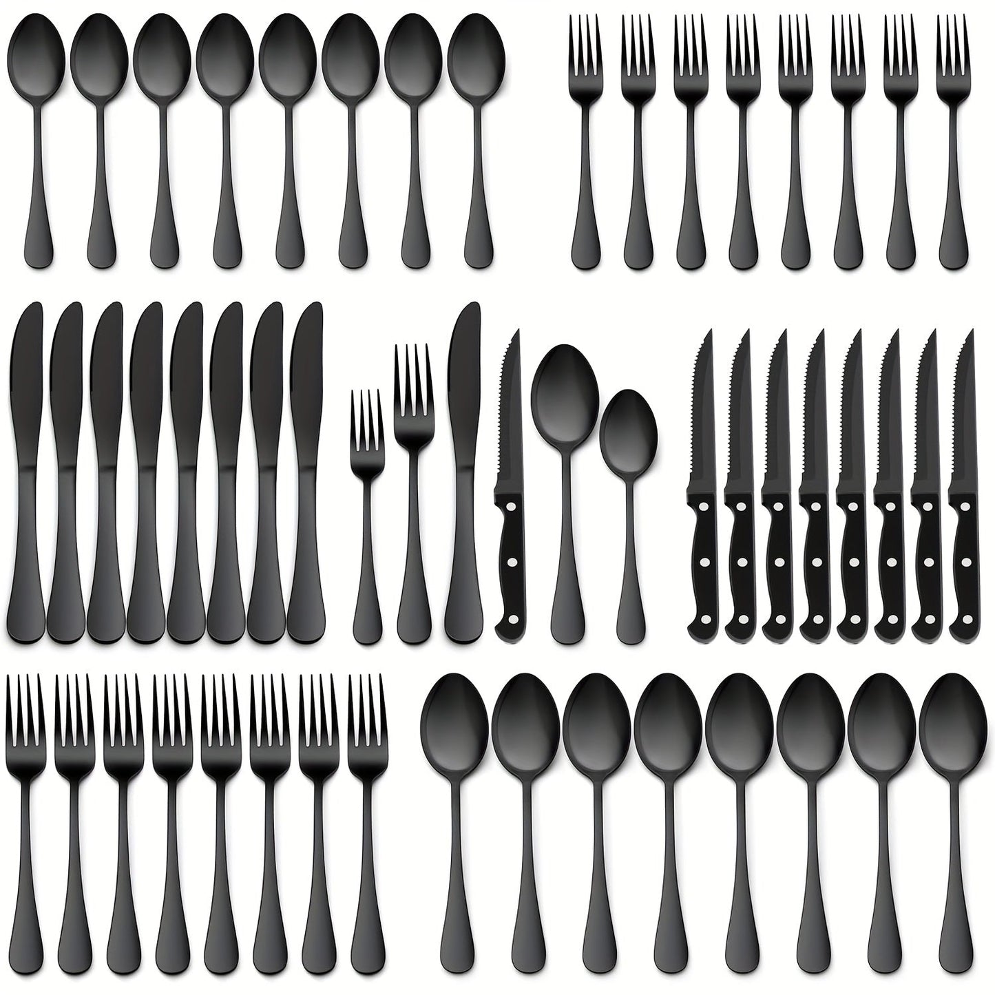 48-Piece Silverware Set with Steak Knives Service for 8 – 304 Stainless Steel Flatware Cutlery Set Mirror Finish Dishwasher Safe Spoons Forks Knives Silver Black