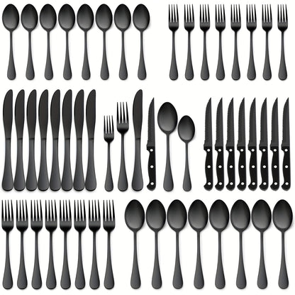 48-Piece Silverware Set with Steak Knives Service for 8 – 304 Stainless Steel Flatware Cutlery Set Mirror Finish Dishwasher Safe Spoons Forks Knives Silver Black
