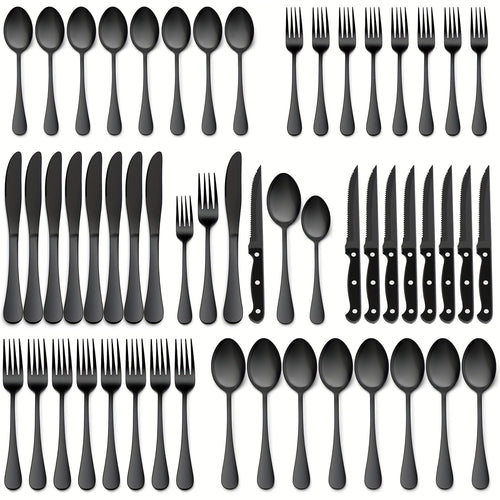 48-Piece Silverware Set with Steak Knives Service for 8 – 304 Stainless Steel Flatware Cutlery Set Mirror Finish Dishwasher Safe Spoons Forks Knives Silver Black