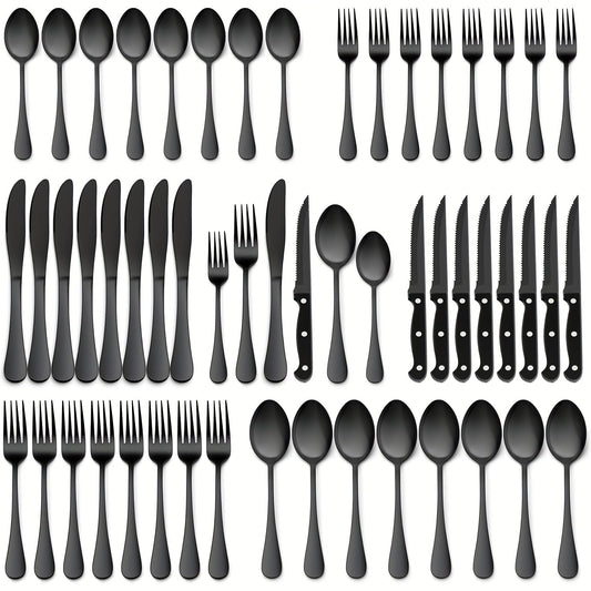 48-Piece Silverware Set with Steak Knives Service for 8 – 304 Stainless Steel Flatware Cutlery Set Mirror Finish Dishwasher Safe Spoons Forks Knives Silver Black
