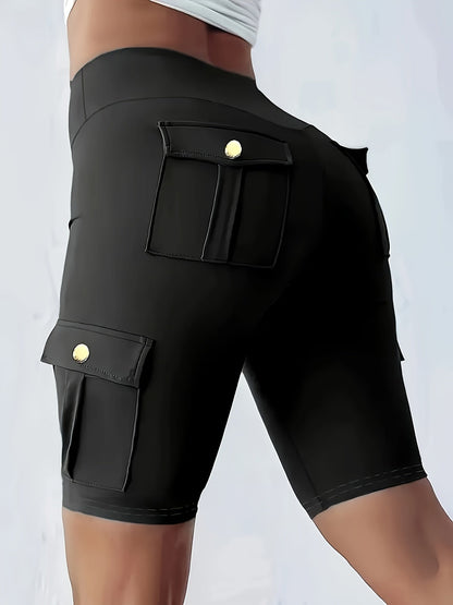 Women's High Waist Yoga Shorts with Pockets – Solid Color Soft Stretch Workout Shorts for Yoga Gym Running, Flattering Fit, Spring Summer Fall Activewear