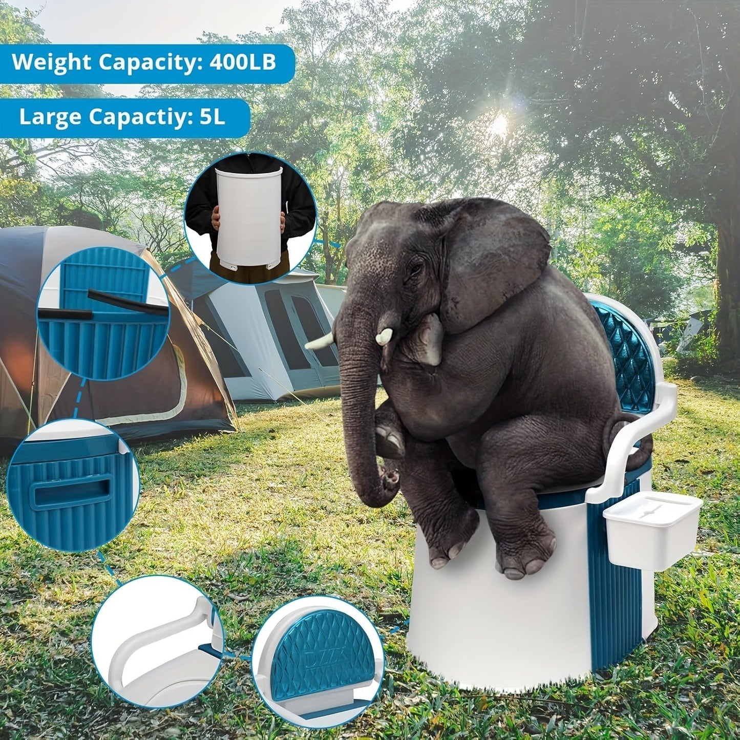 Portable Camping Toilet with Backrest & Handrails – 5 Gallon Detachable Bucket 350 lb Capacity Lightweight Commode for RV Boat Travel Camping