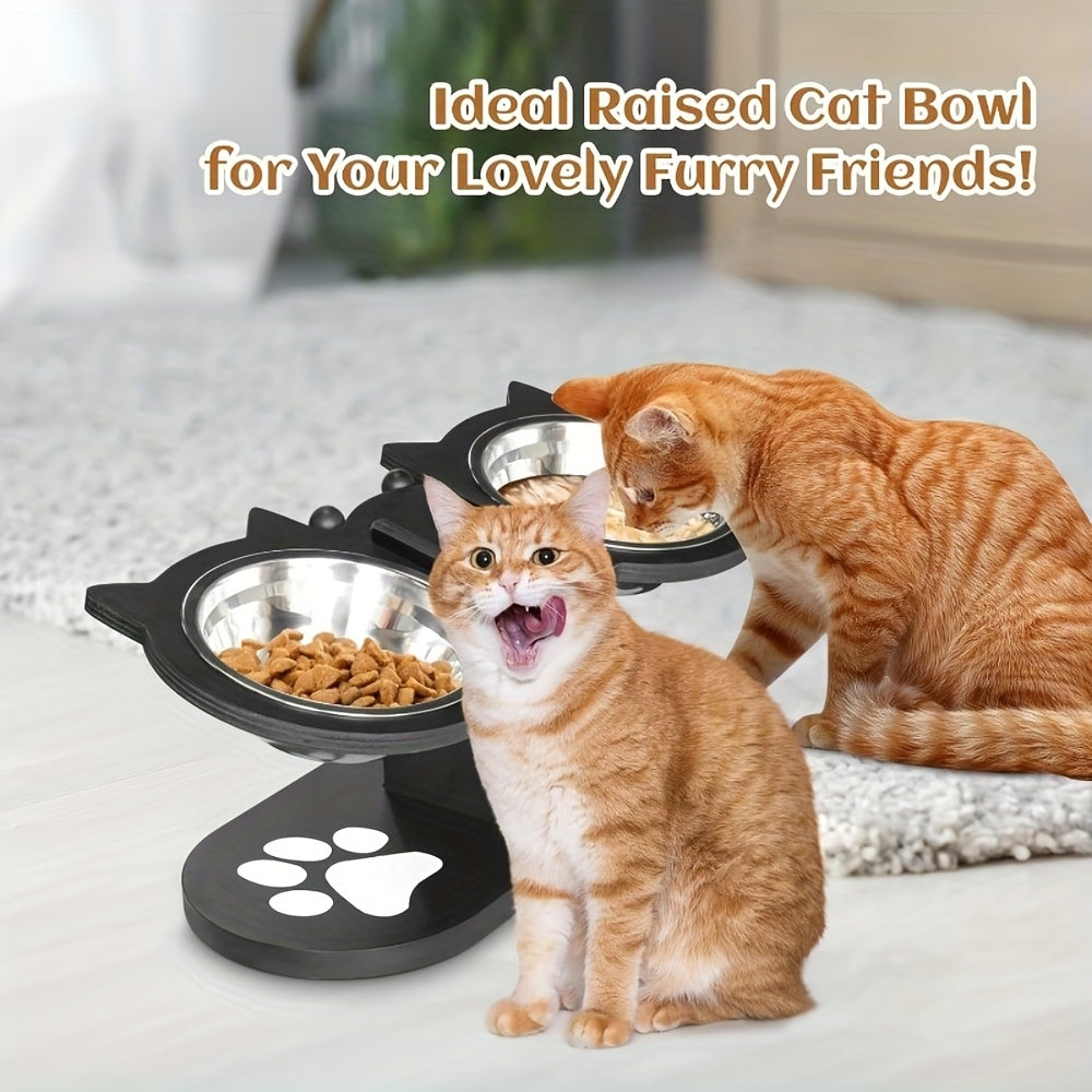Elevated Cat Bowl Stand with 15° Tilted Stainless Steel Bowls – Adjustable Raised Feeder for Cats & Small Dogs, Anti-Spill Black Wooden Base, Set of 2 or 3 Bowls for Food and Water
