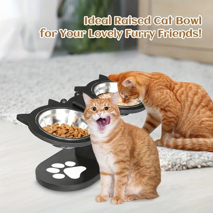 Elevated Cat Bowl Stand with 15° Tilted Stainless Steel Bowls – Adjustable Raised Feeder for Cats & Small Dogs, Anti-Spill Black Wooden Base, Set of 2 or 3 Bowls for Food and Water