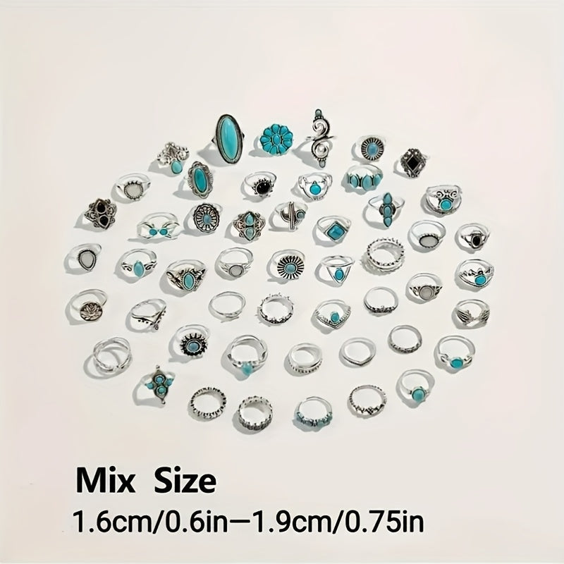 44pcs Vintage Turquoise Boho Stacking Rings Set for Women – Stackable Bohemian Style Rings Bulk Pack for Daily Wear, Vacation, Party & Holiday Gifts