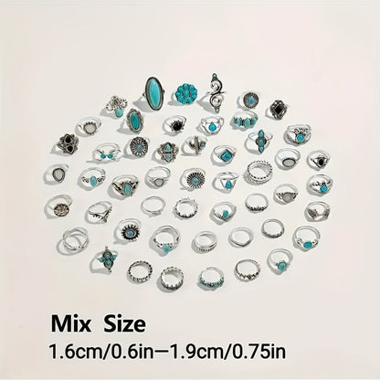 44pcs Vintage Turquoise Boho Stacking Rings Set for Women – Stackable Bohemian Style Rings Bulk Pack for Daily Wear, Vacation, Party & Holiday Gifts
