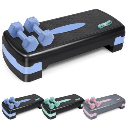 Aerobic Step Platform Set with 2LB Dumbbells & Measuring Tape – Adjustable Height Non-Slip Exercise Stepper 550lb Capacity for Home Gym Cardio Workout, Pink Green Blue