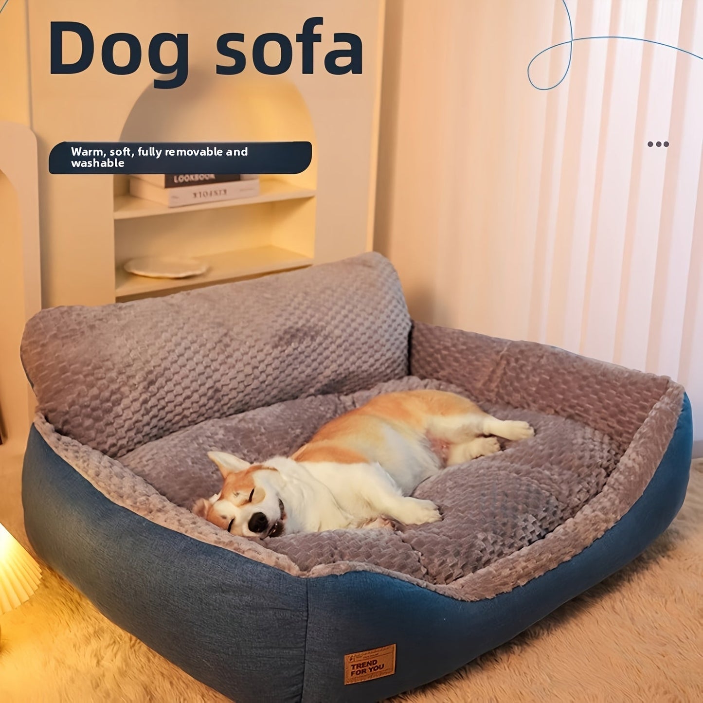 Luxury Plush Pet Sofa Bed with High Backrest – Thick Warm Washable Dog Bed for Large Medium Small Dogs & Cats, All-Season Comfort, Easy-Clean Cover, Sizes S L XL, Grey Blue