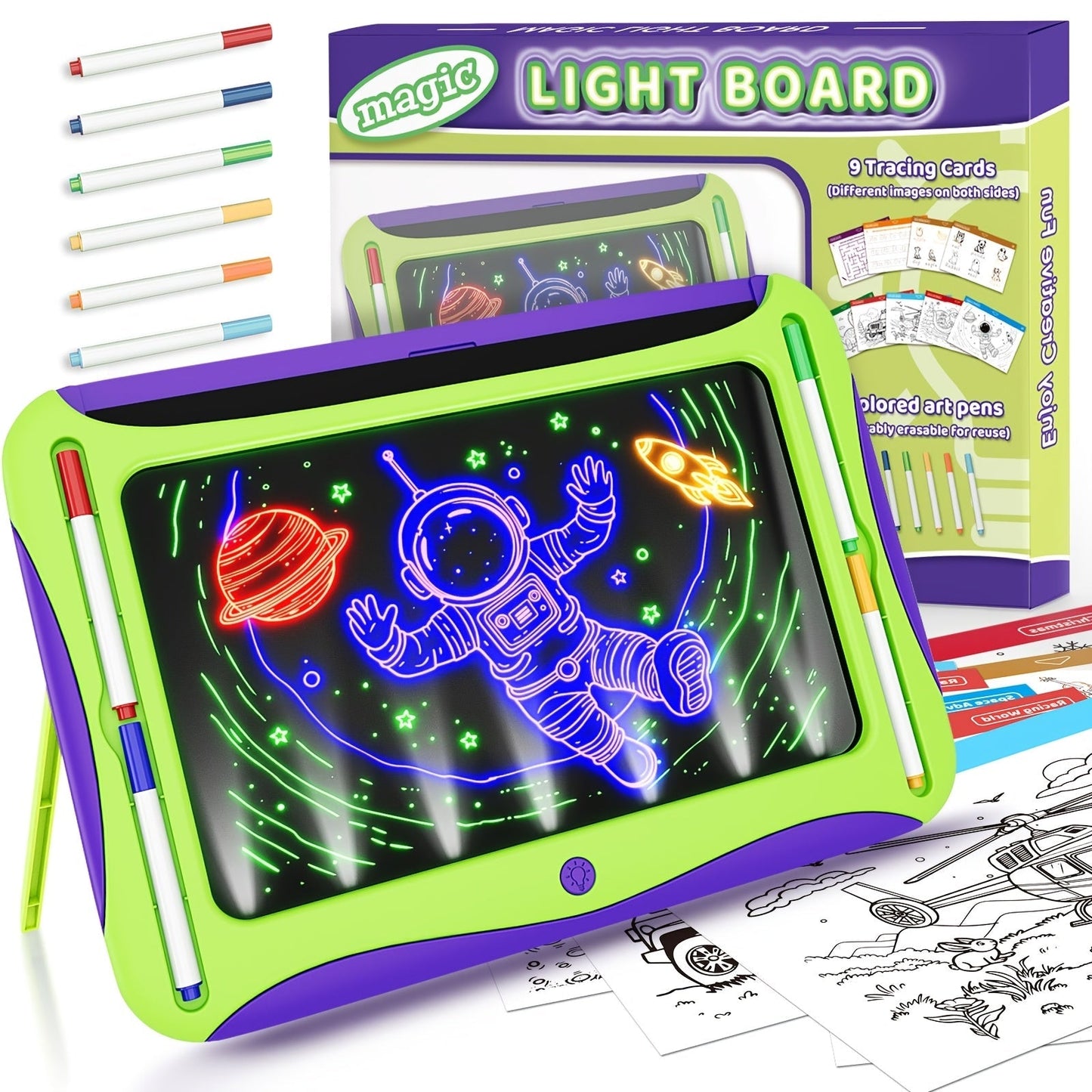 LED Light-Up Drawing Doodle Board for Kids Ages 3-8 – Glow Writing Art Set with 9 Double-Sided Cards & 6 Markers, Educational Learning Travel Toy, Birthday & Christmas Gift for Girls Boys