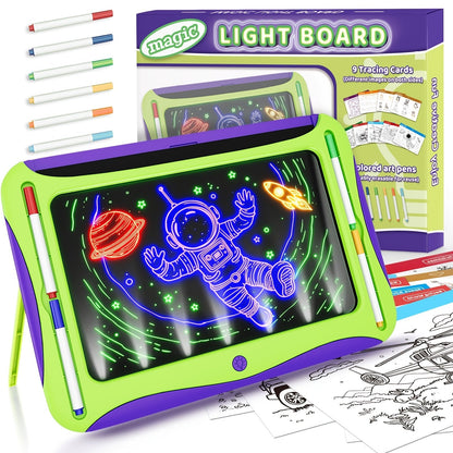 LED Light-Up Drawing Doodle Board for Kids Ages 3-8 – Glow Writing Art Set with 9 Double-Sided Cards & 6 Markers, Educational Learning Travel Toy, Birthday & Christmas Gift for Girls Boys