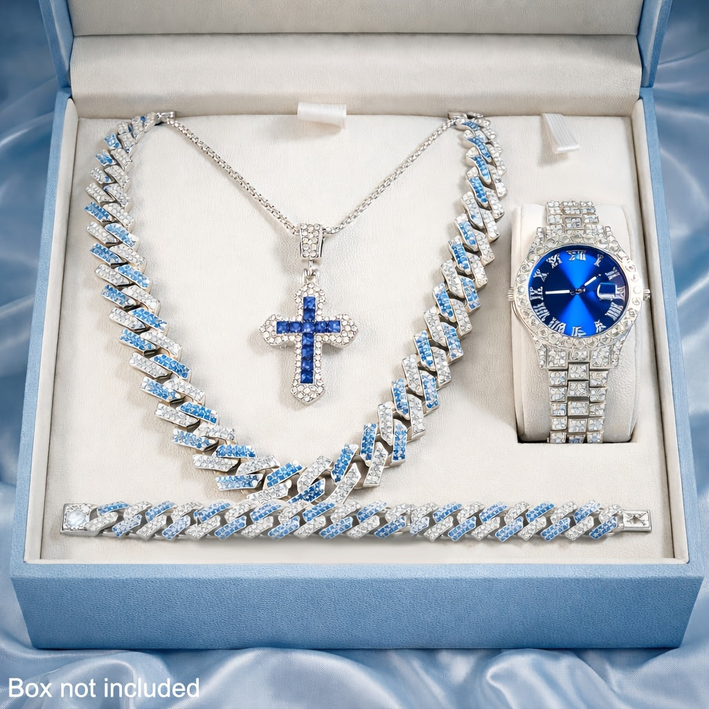 Cuban Link Hip Hop Jewelry Set for Men & Women – Necklace Pendant Bracelet & Blue Dial Watch, Unisex Streetwear Bling, Gold & Silver Tone, Party Daily Gift