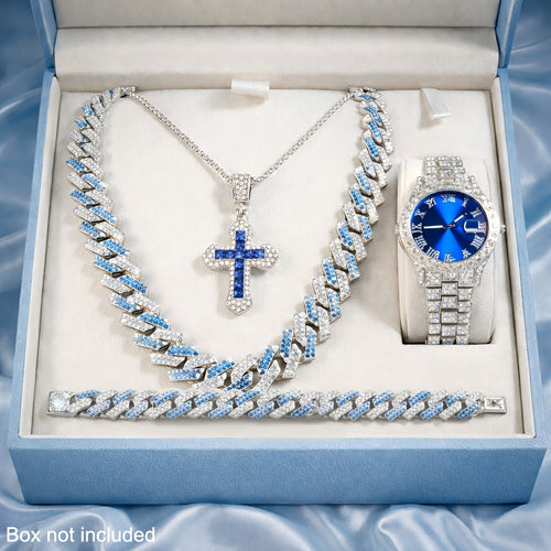 Cuban Link Hip Hop Jewelry Set for Men & Women – Necklace Pendant Bracelet & Blue Dial Watch, Unisex Streetwear Bling, Gold & Silver Tone, Party Daily Gift