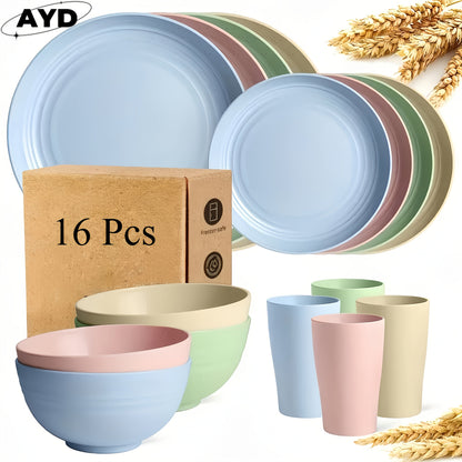 Wheat Straw Dinnerware Set 16 or 32 Piece Unbreakable Lightweight Dish Set with Dinner Plates Dessert Plates Bowls and Cups Dishwasher Microwave Safe Modern Kitchen Tableware Gift for Thanksgiving Christmas