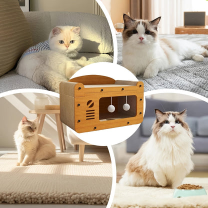 Cat Scratching Board House with Pompom Toy – Large Cardboard Cat Bed & Hideout, Holds Up to 25 Lbs, Multi-Cat Friendly, Easy Assembly, Scratch-Resistant Cat Furniture Gift for Pet Lovers