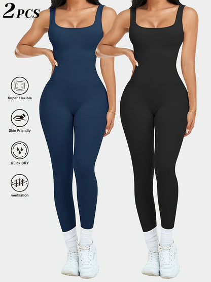 2-Pack Women's Sleeveless Square Neck Long Jumpsuit - 90% Nylon Thick Stretchy Impermeable Activewear Bodysuit for Yoga Pilates Running Fitness, Washable One-Piece Workout Suit Sizes S-XL