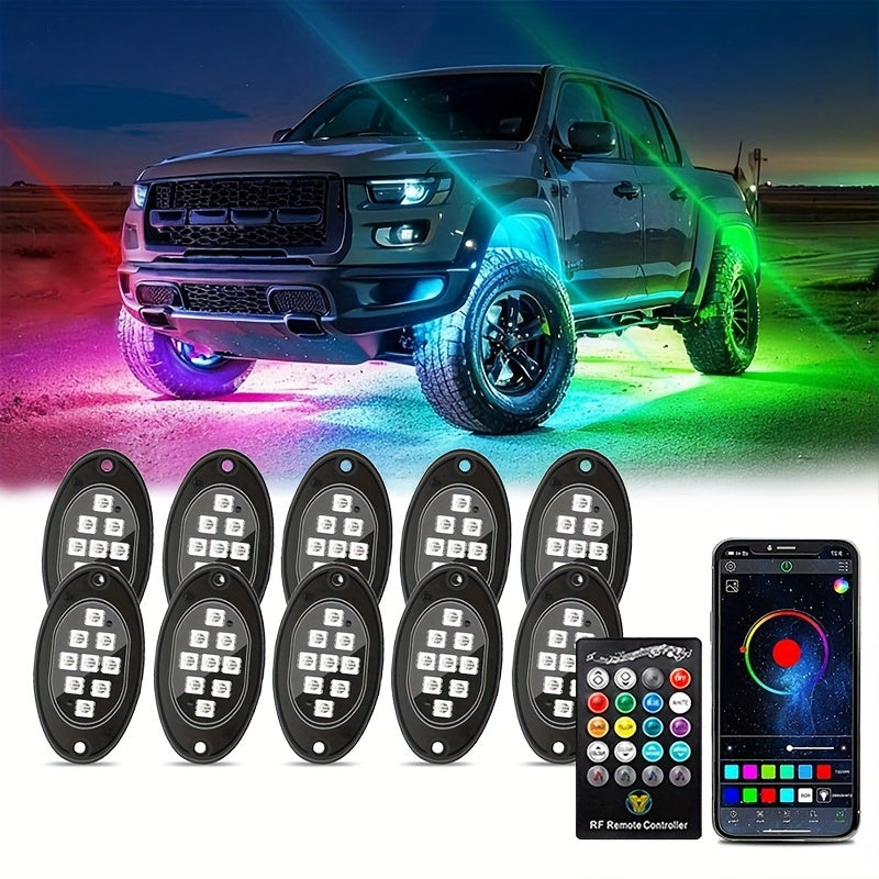 RGB LED Rock Light Kit for Trucks & Off-Road Vehicles - Sound Activated APP & Remote Dual Control, Multi-Color Underglow Chassis Neon Lights for Pickup Trucks, SUVs & 4x4, 4/6/8/10 Pod Options