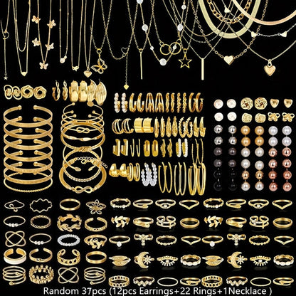 Boho Jewelry Set for Women 37-87 Pcs – Heart Twist Butterfly Earrings, Necklaces, Rings & Bangles, Minimalist Bohemian Style, Multi-Element Combo for Daily Holiday Vacation Wear