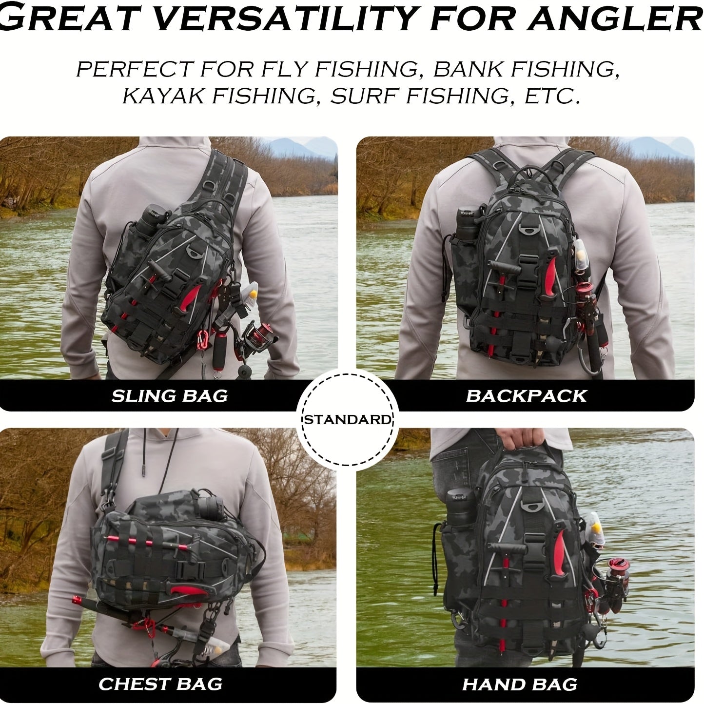 Fishing Backpack Tackle Sling Bag with Rod Holder – Waterproof Hiking Daypack Fly Fishing Bag for Men Women, Tackle Box Storage, Gift for Fisherman Dad