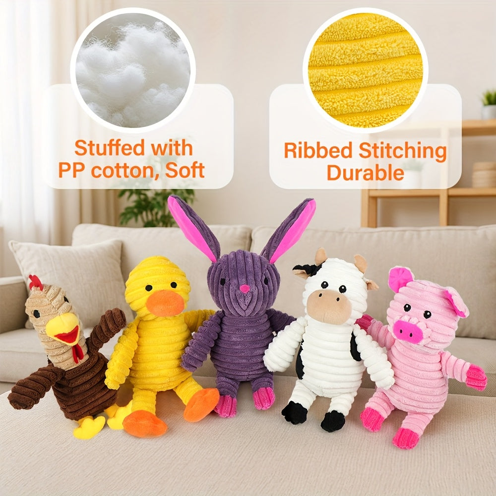 Plush Dog Squeaky Toys 5-Pack Bundle – Washable Stuffed Animal Chew Toys for Small Medium Large Dogs, Embroidered Safety Eyes, Animal Designs (Pig, Frog, Elephant, Chicken, Fox)