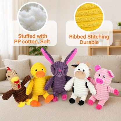 Plush Dog Squeaky Toys 5-Pack Bundle – Washable Stuffed Animal Chew Toys for Small Medium Large Dogs, Embroidered Safety Eyes, Animal Designs (Pig, Frog, Elephant, Chicken, Fox)