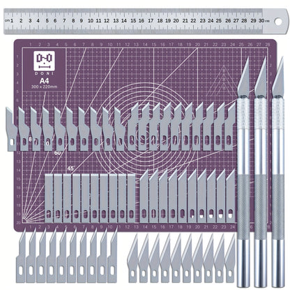 65 Pcs Exacto Knife Craft Cutting Kit with A4 Cutting Mat – Precision Stencil Knife Set with Blades & Cutting Rulers for Paper Modelling, DIY Crafts, Scrapbooking, Art & Card Making