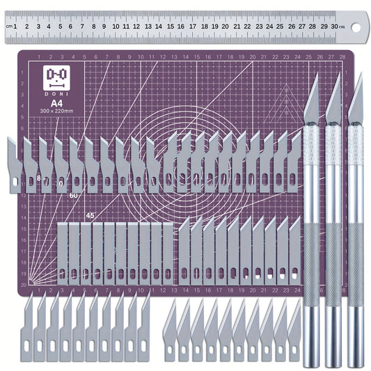 65 Pcs Exacto Knife Craft Cutting Kit with A4 Cutting Mat – Precision Stencil Knife Set with Blades & Cutting Rulers for Paper Modelling, DIY Crafts, Scrapbooking, Art & Card Making