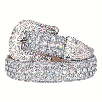 Women's Rhinestone Bling Belt – Luxury Sparkle Crystal Studded Carved Buckle Cowgirl Cowboy Punk Belt for Jeans Sizes S-2XL Fashion Waist Belt Gift for Her