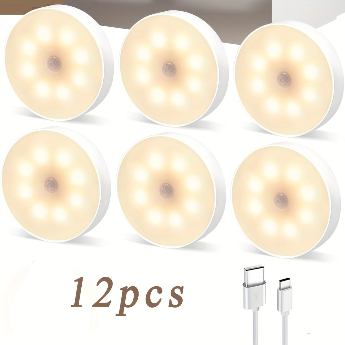LED Motion Sensor Night Lights USB Rechargeable Wireless Dual Mode Adjustable Brightness Magnetic Mount – Under Cabinet Kitchen Hallway Stairs Closet 6 or 12 Pack